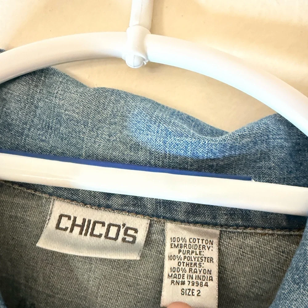 Chico’s Embroidered Denim Jacket Colorful Southwestern Stitch Size 2 - Picture 5 of 10